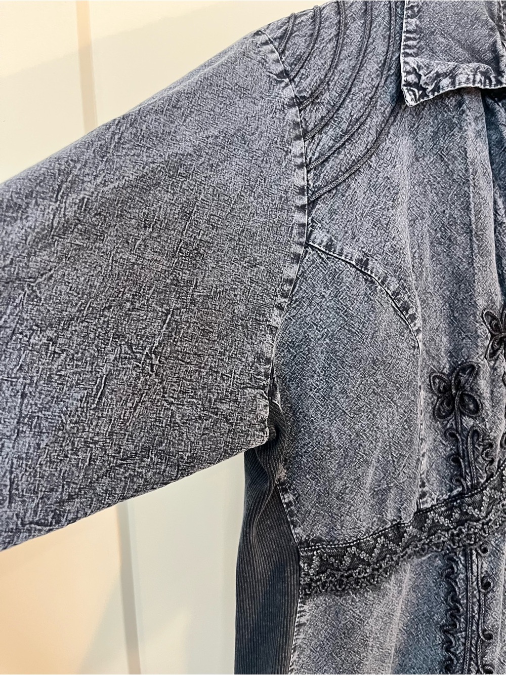 Caamano Y2K cotton embroidered blue peasant babydoll V neck Western Indie top L - Picture 3 of 12